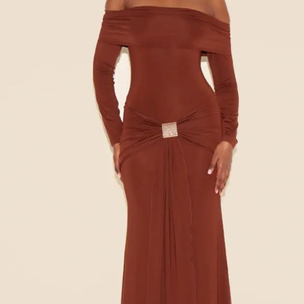 Brown Bardot Long Sleeve Trim Drape Detail Maxi Dress